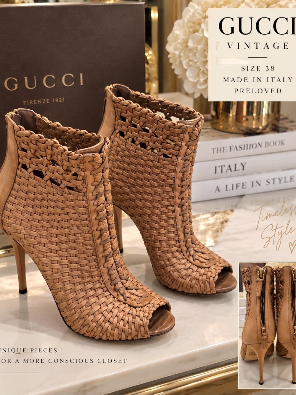 Gucci Woven Peep-Toe Ankle Boots in Tan preloved vintage